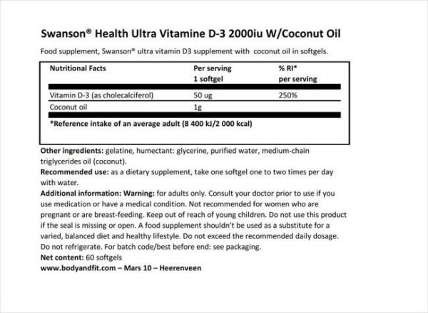 Swanson Vitamin D3 w/Coconut Oil - 2000IU - 60 softgel.